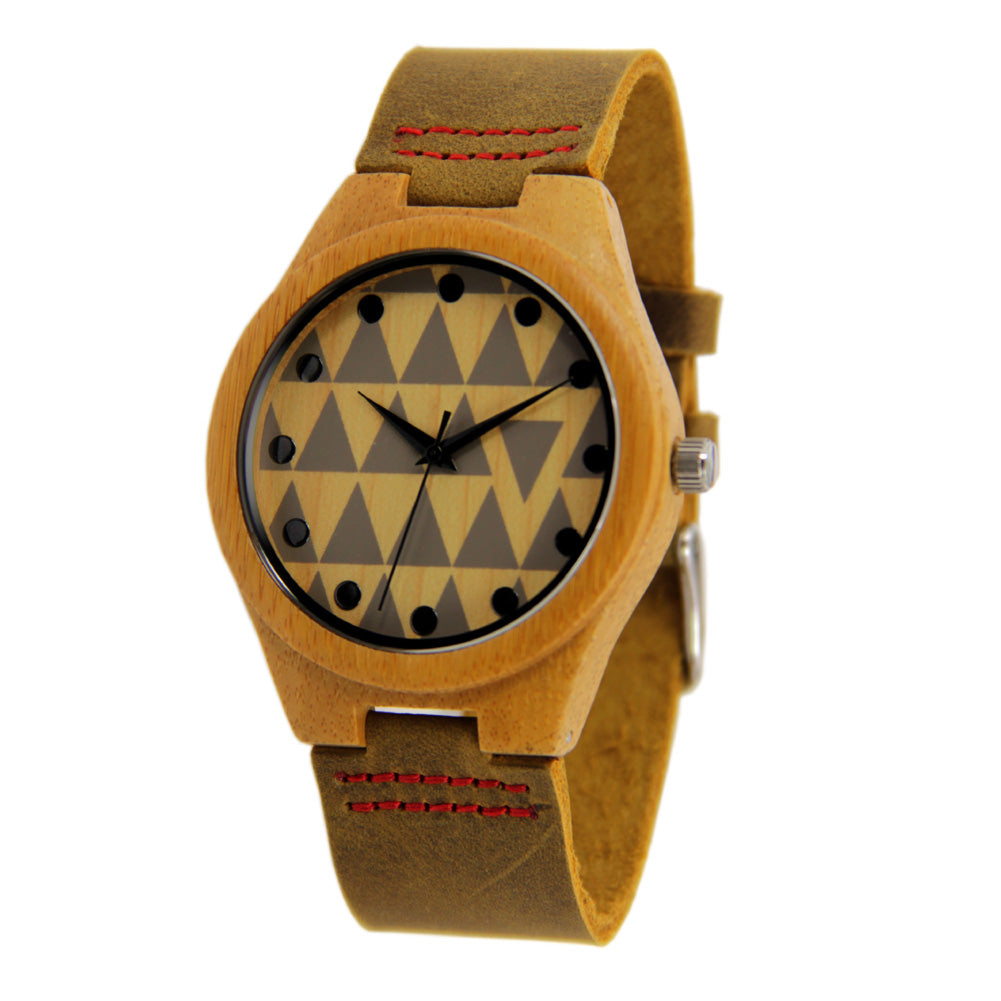 Bamboo Watch - Leather Band - Geometric Pattern