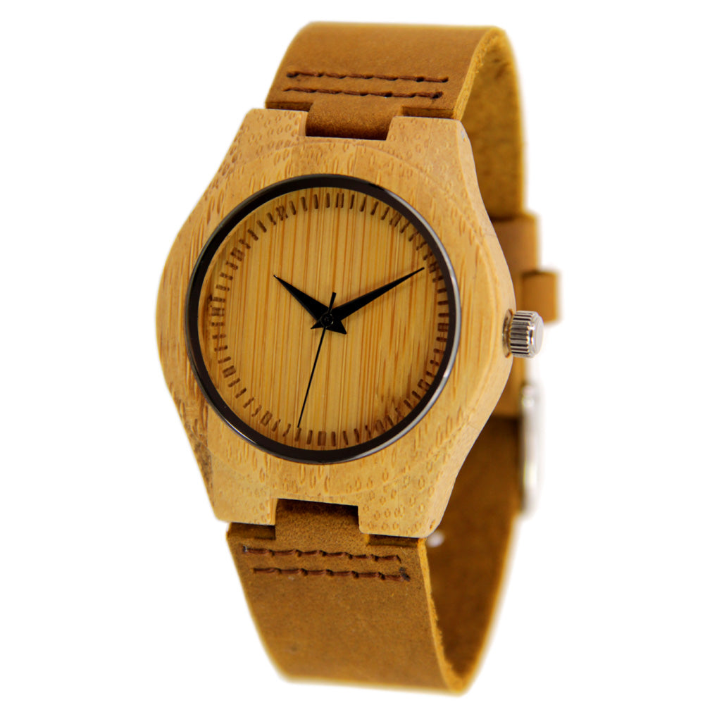 Bamboo Watch - Leather Band - Engraved Index - Small