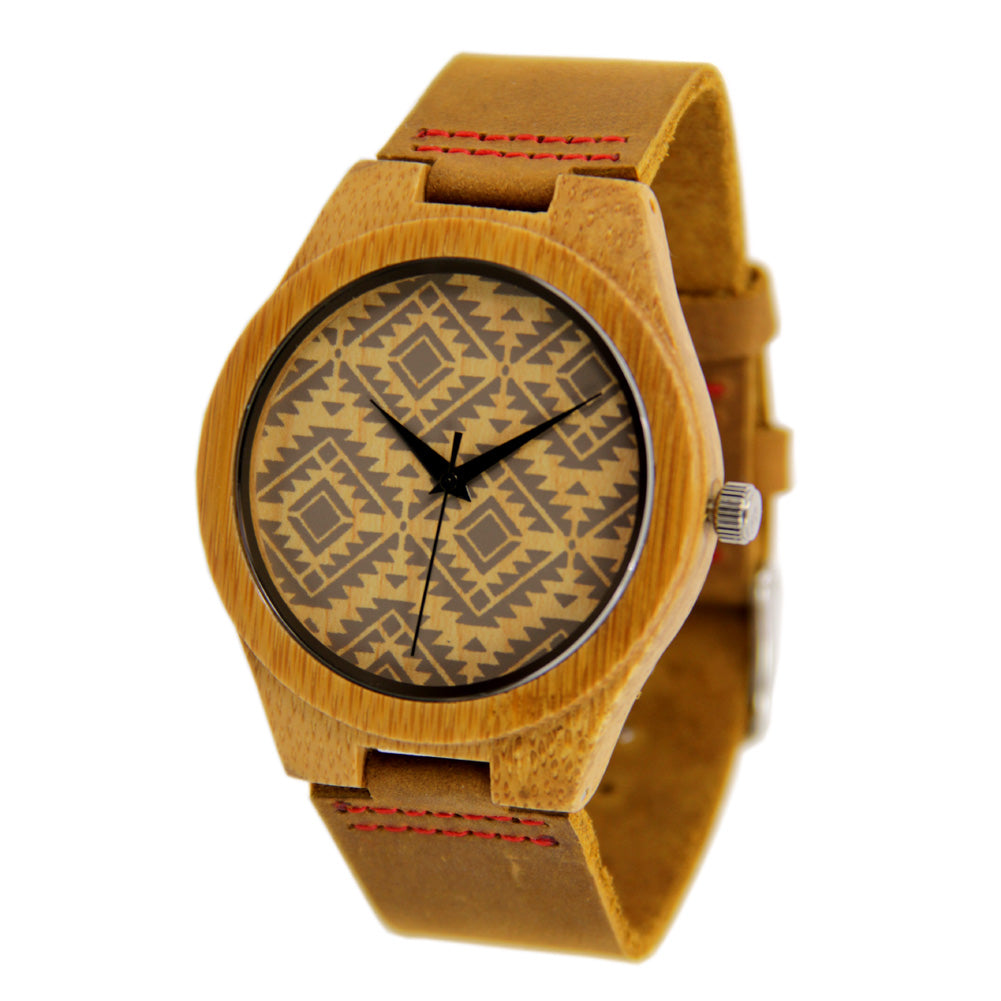 Bamboo Watch - Leather Band - Geometric Pattern