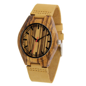 Zebra Wood Watch - Leather Band - Line Index