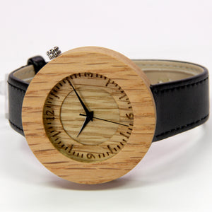 Oak Wood Watch - Leather Band - Engraved Index