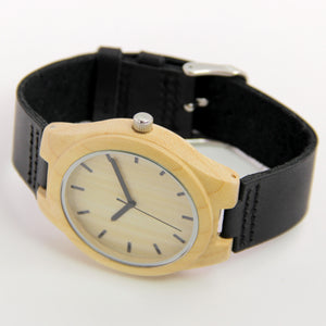 Maple Wood Watch - Black Leather Band - Line Index