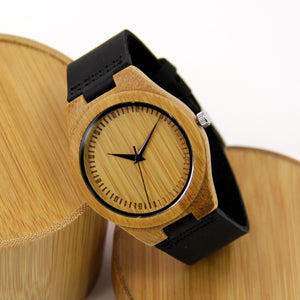Bamboo Watch - Black Leather Band - Engraved Index