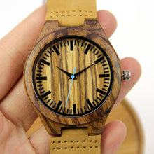 Zebra Wood Watch - Leather Band - Blue Second Hand