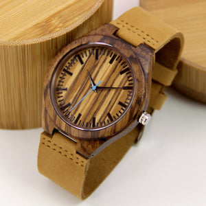 Zebra Wood Watch - Leather Band - Blue Second Hand