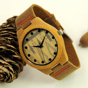 Bamboo Wood Watch - Leather Band - Geometric Pattern
