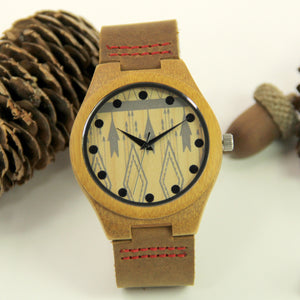 Bamboo Wood Watch - Leather Band - Geometric Pattern